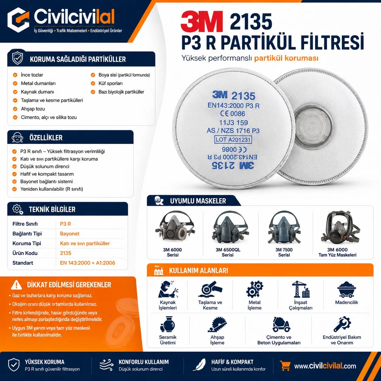 3M 2135 P3 Filtre- Üstün Koruma 3M 6000-7000 Serisi Maske Uyumlu 3M 2135 P3 Filtre- Üstün Koruma 3M 6000-7000 Serisi Maske Uyumlu