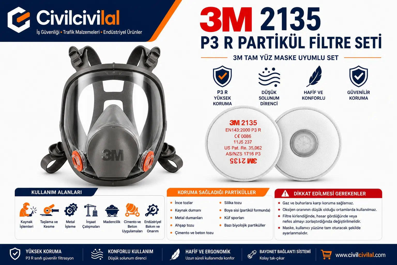 3M 6800 Tam Yüz Maskesi + 3M 2135 P3 Filtre