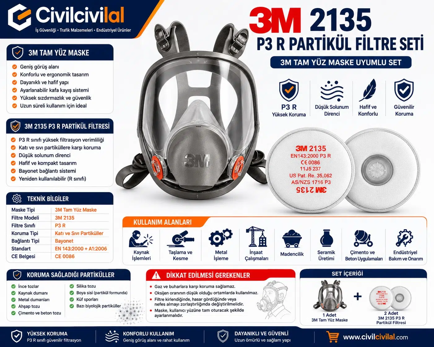 3M 6800 Tam Yüz Maskesi + 3M 2135 P3 Filtre 3M 6800 Tam Yüz Maskesi + 3M 2135 P3 Filtre