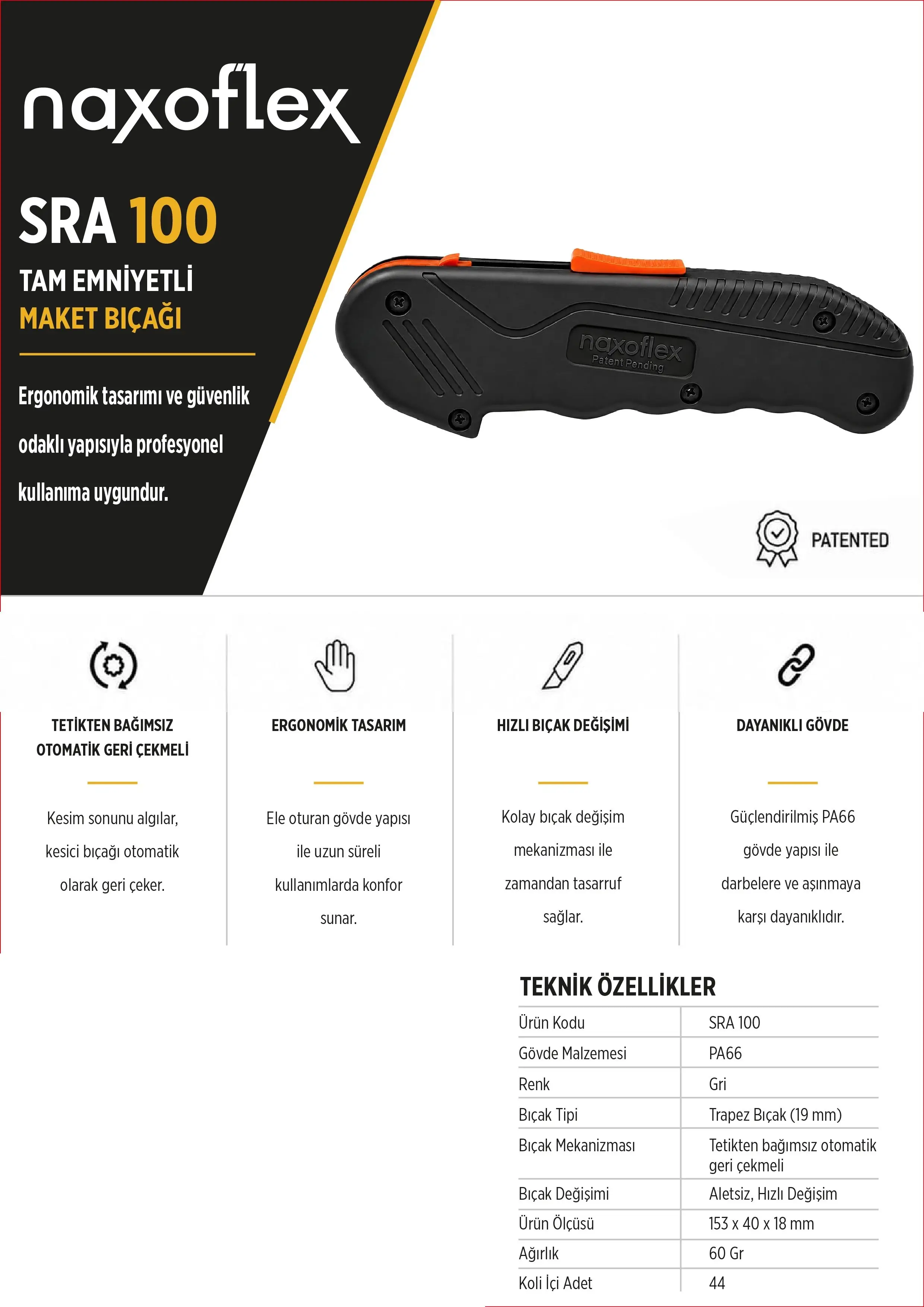 Emniyetli Maket Bıçağı Naxoflex Sra 100 Emniyetli Maket Bıçağı Naxoflex Sra 100